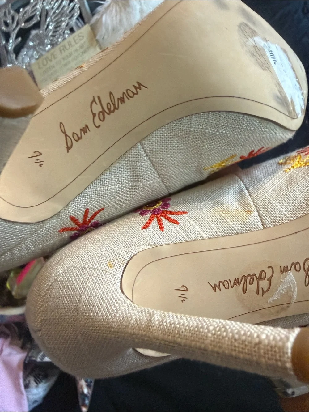 Sam Edelman Cream Pointed-Toe Heels with Pink & Orange Floral Embroidery